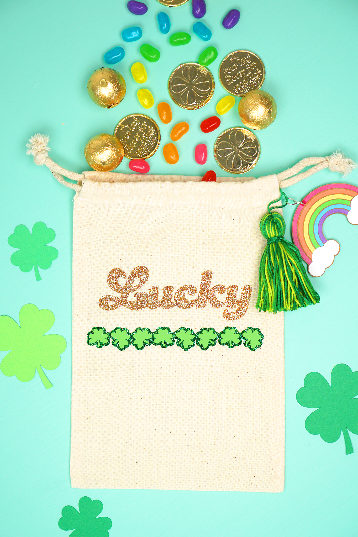 treat bag for st patricks day with gold coins and candies