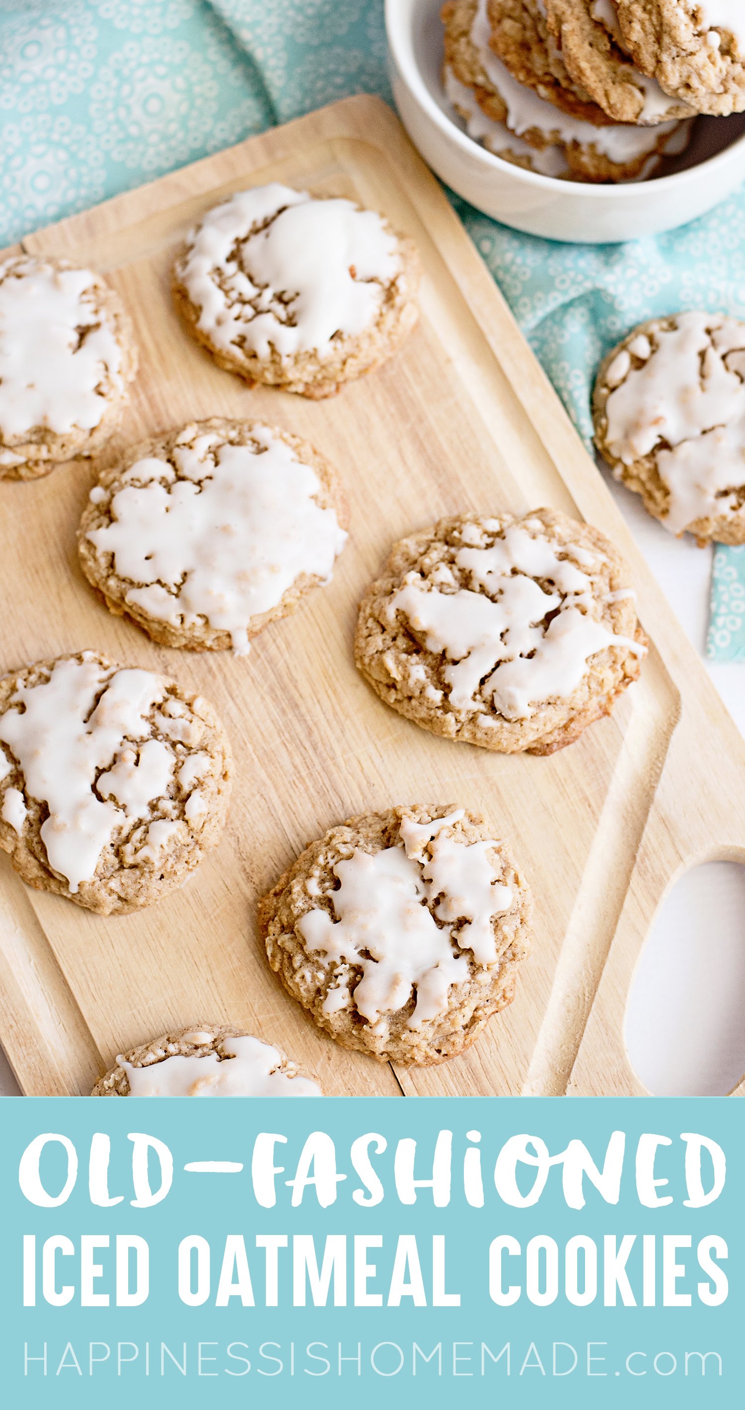 iced cookies on wooden cutting board