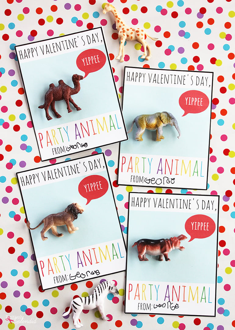 toy animals attached to free printable valentines day cards
