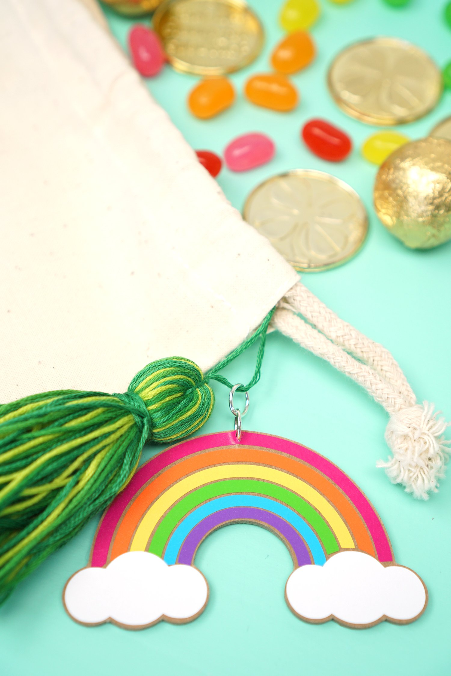 rainbow charm made with cricut chipboard on bag with candies