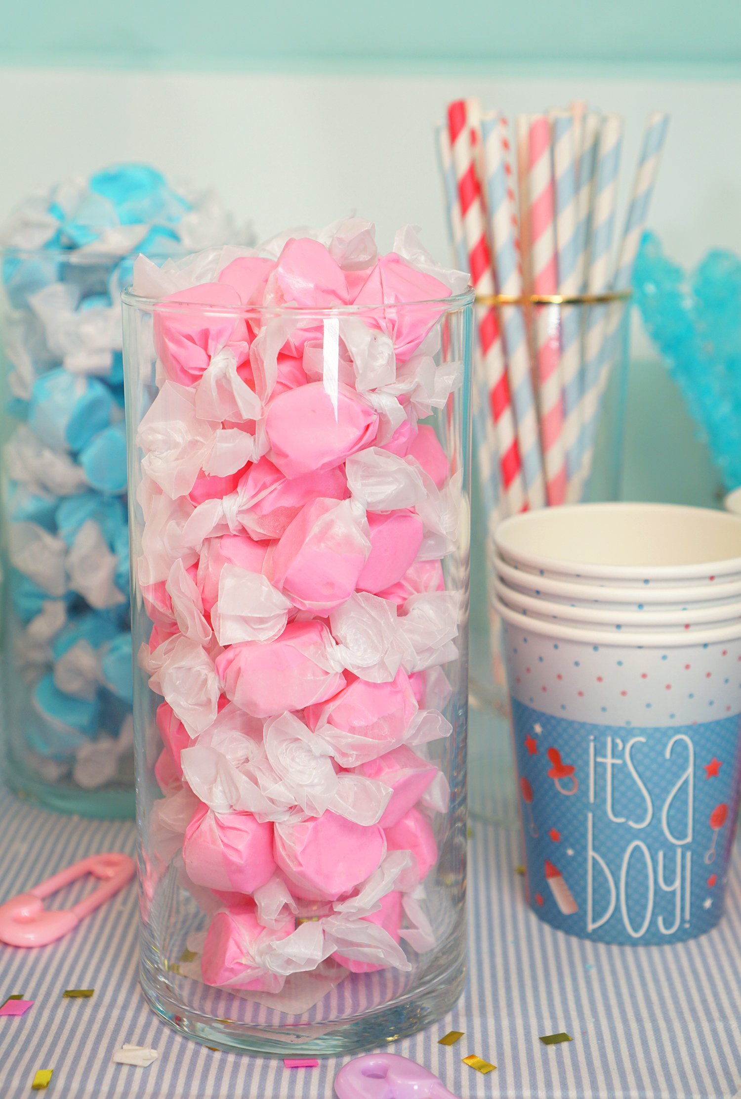 saltwater taffy in blue and pink 