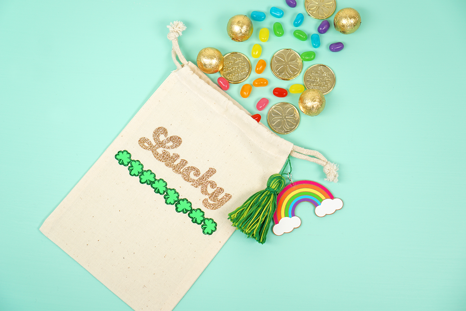 fully assembled treat bag for st patricks day with gold coins and candies