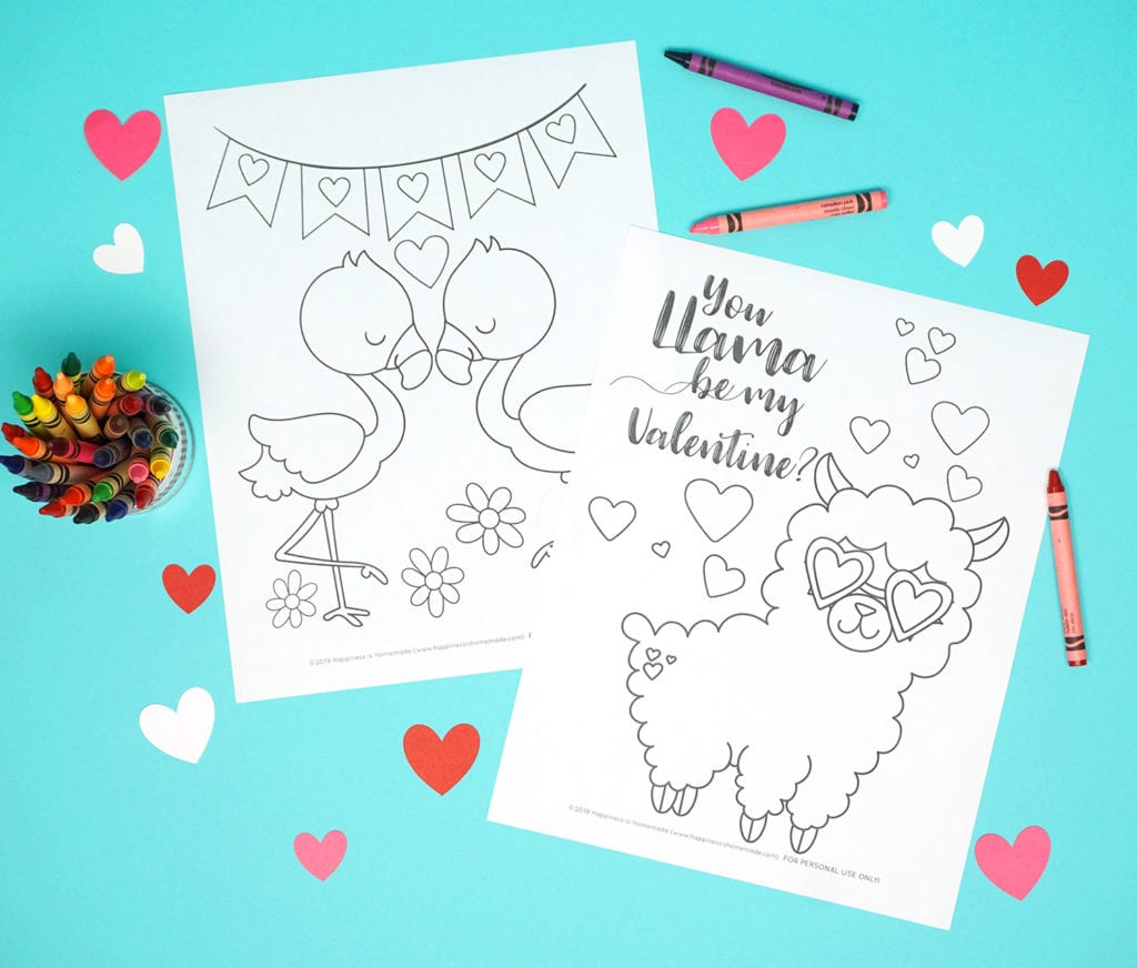 two valentine coloring pages on a blue background