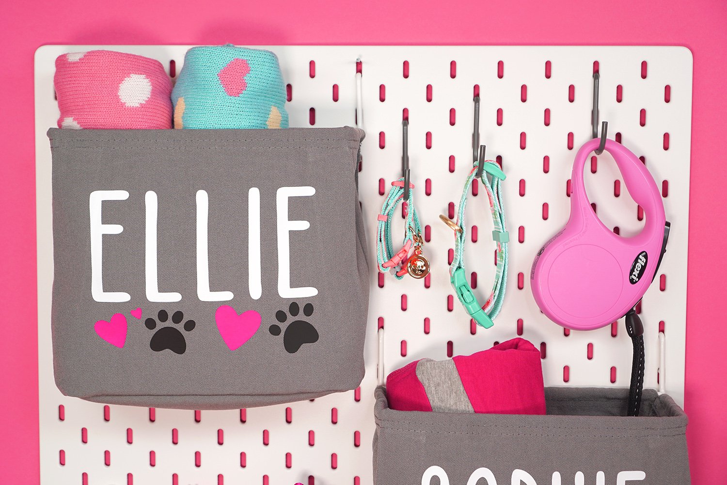 cute pet organizers on peg board