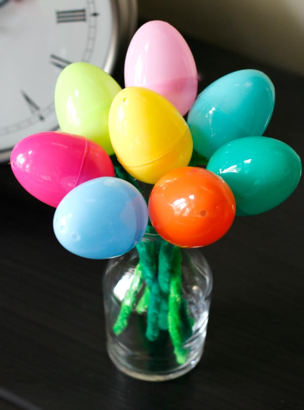 plastic easter eggs fashioned into a flower bouquet