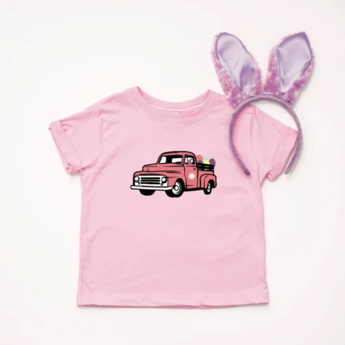 vintage easter truck on pink shirt with bunny ear headband