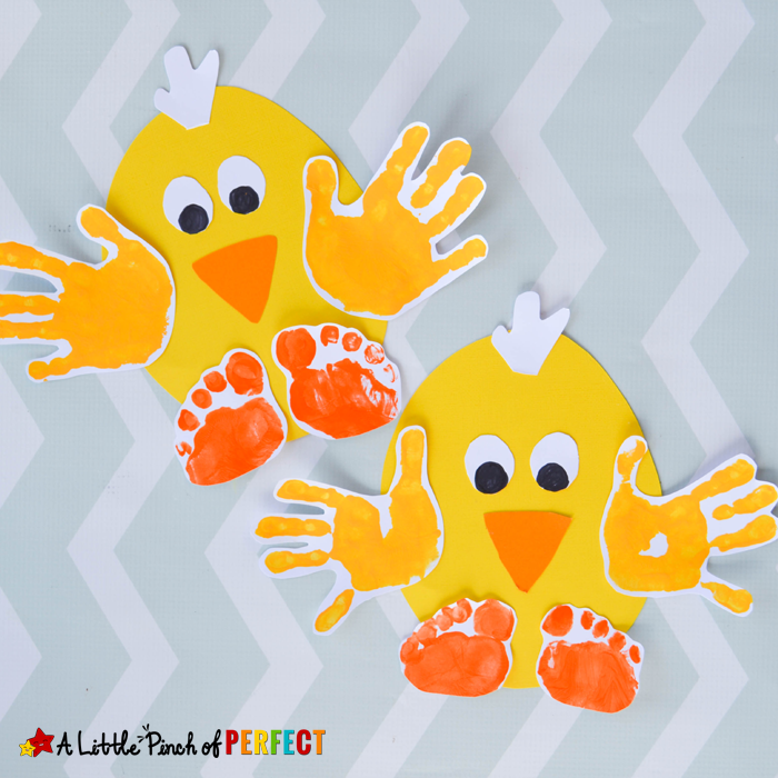 chicks with handprints for wings and feet prints for talons