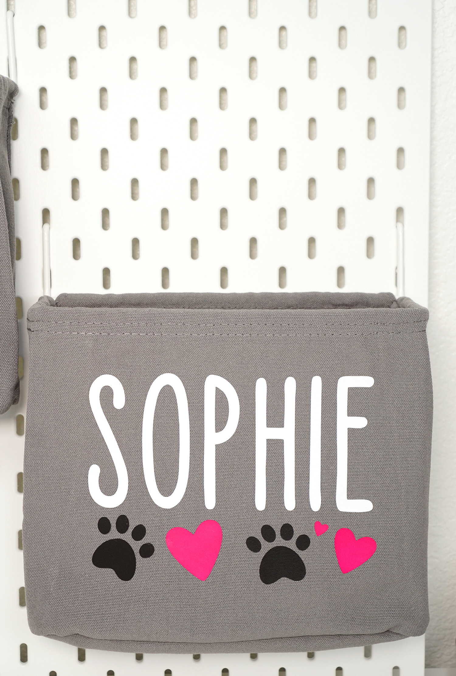 pet peg board and box that reads sophie 