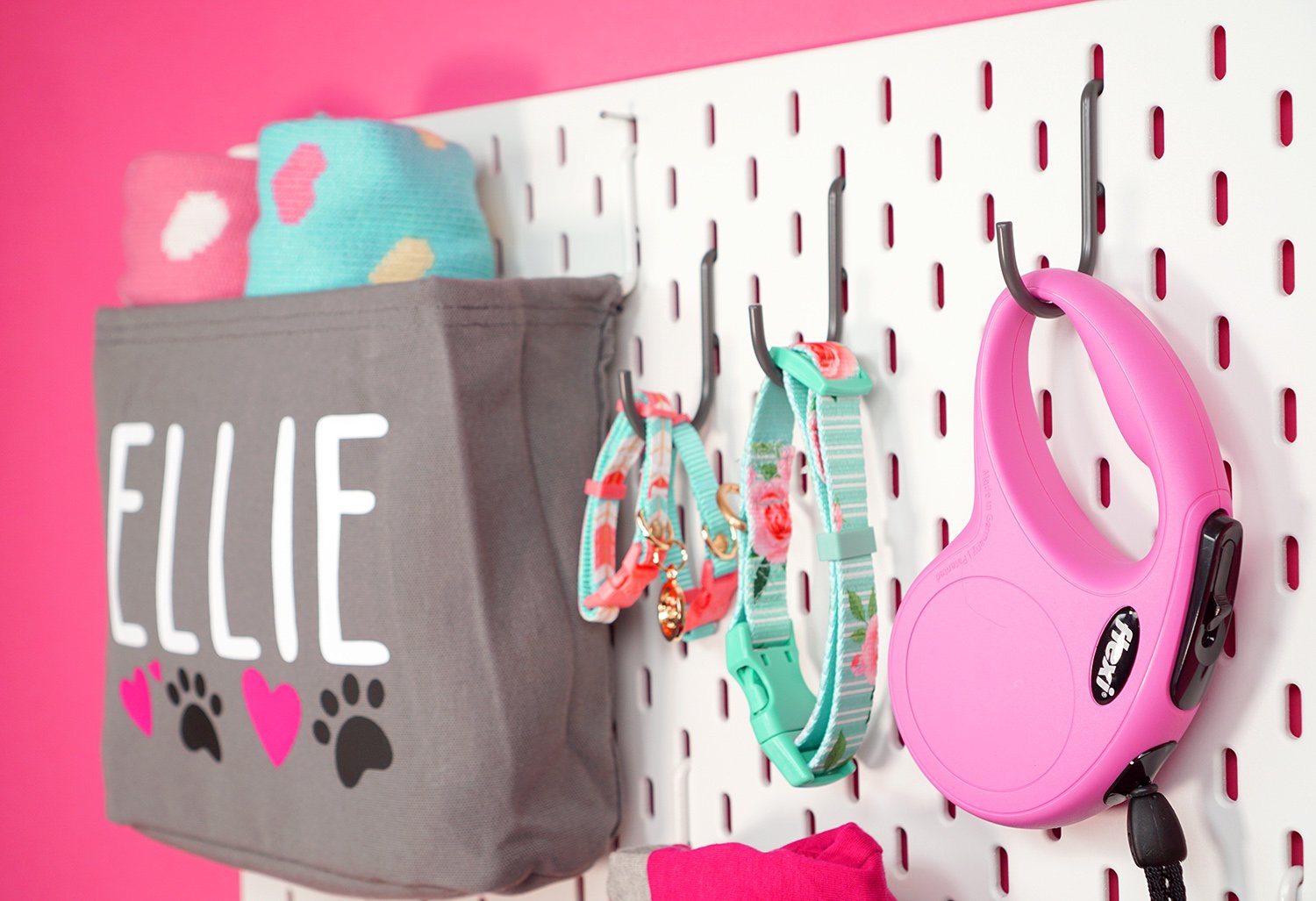 cute pet organizers hung up 