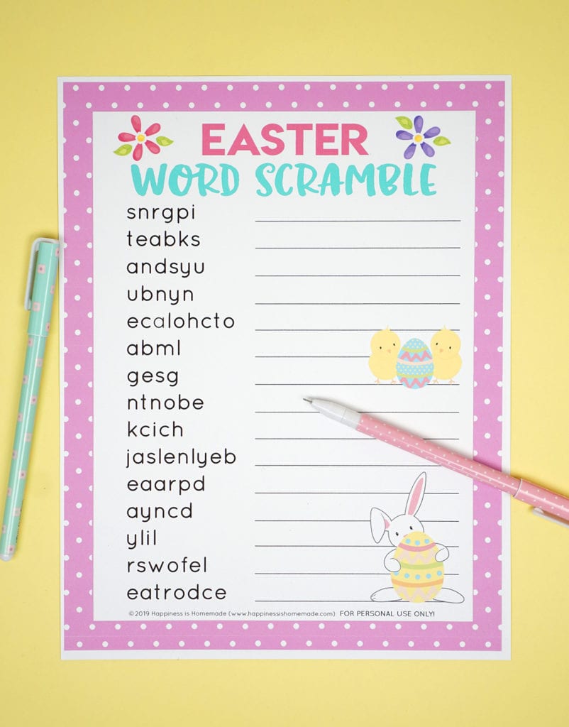 printable easter word scramble with pens