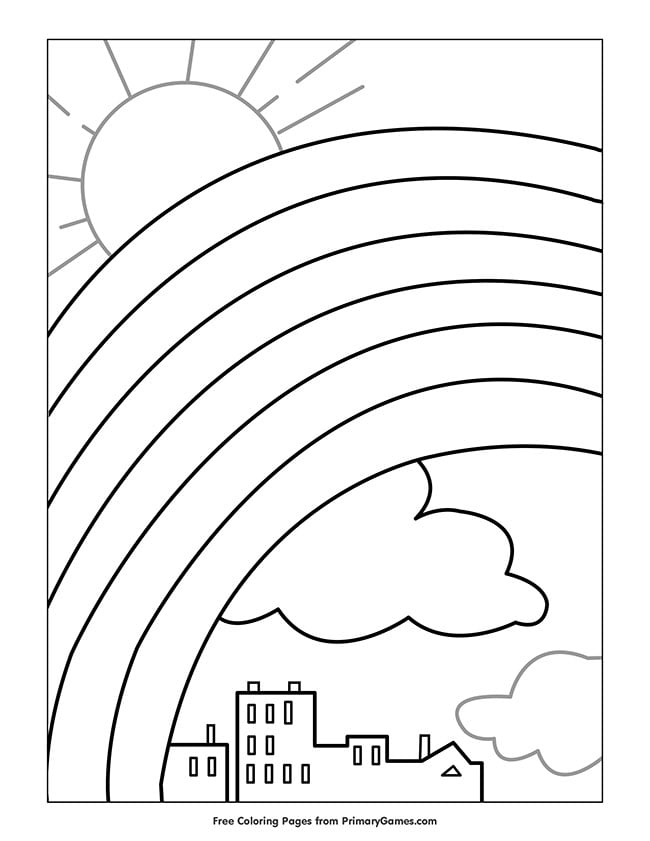 a coloring page with a rainbow in the sky