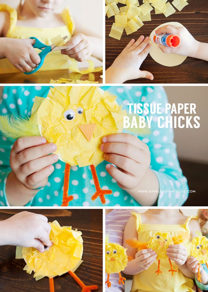 tissue paper baby chicks being held and crafted 