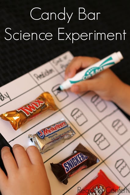 kid coloring in candy bar science experiment sink or float test