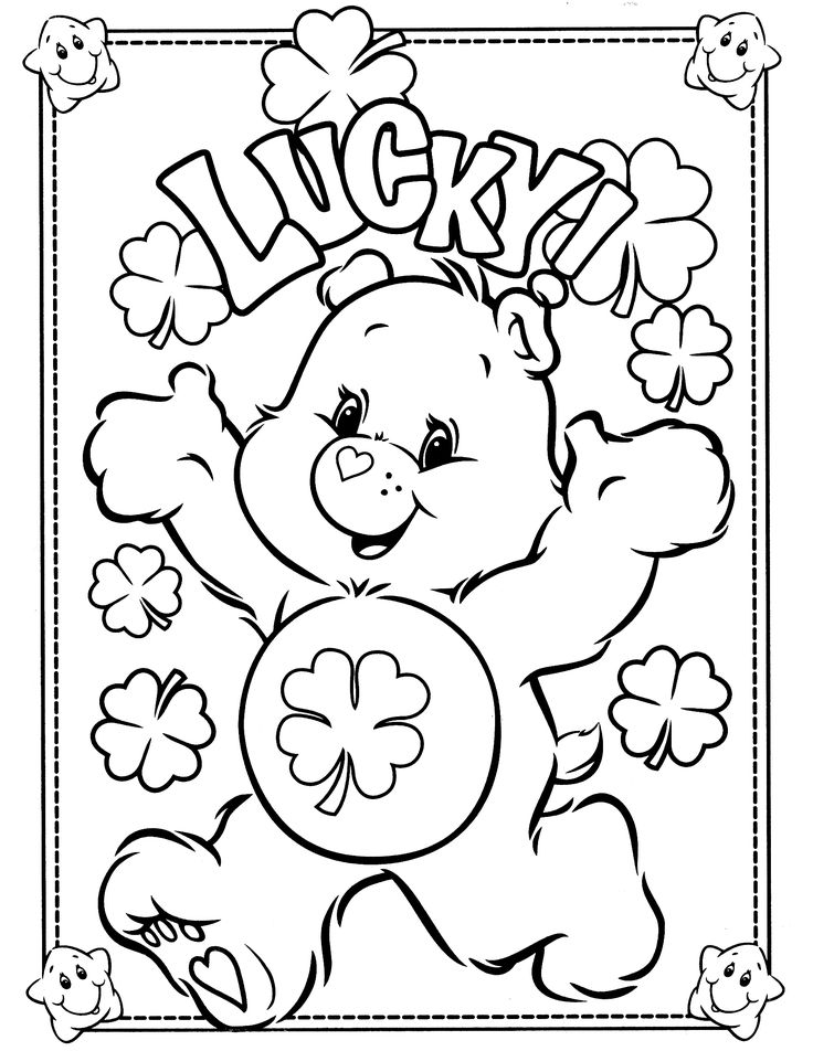 a coloring page with a teddy bear holding shamrocks