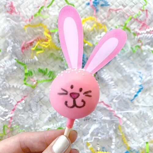 hand holding up easter bunny cake pop