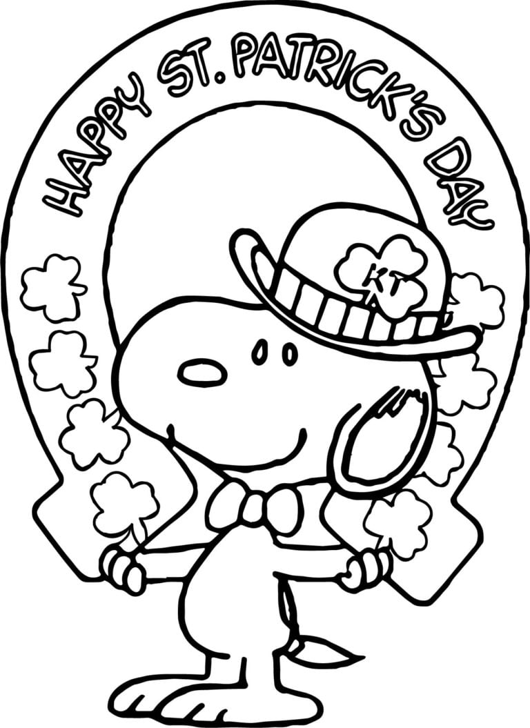 Snoopy wearing st patricks day attire in front of a happy st patricks day horseshoe sign printable coloring page