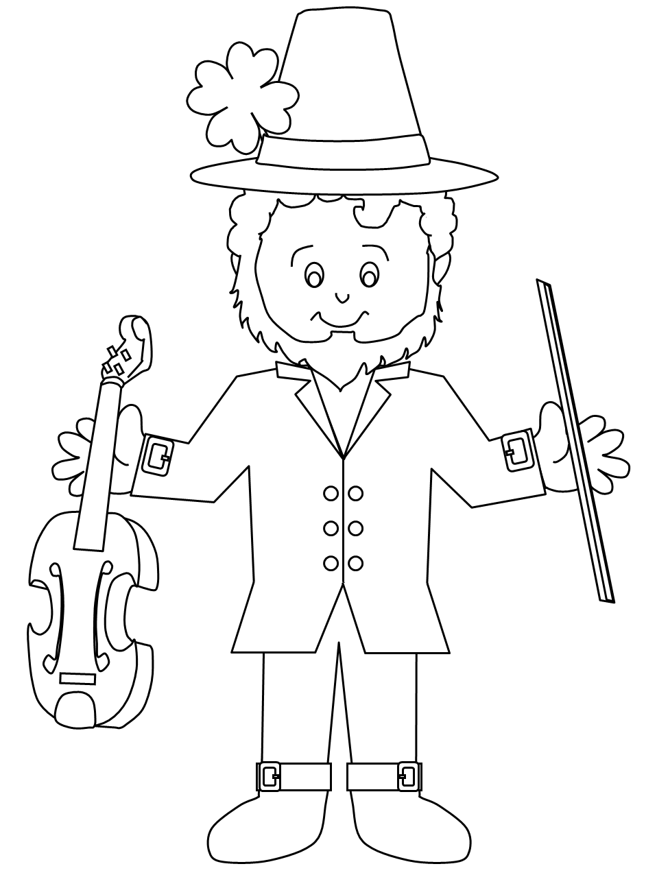 a coloring page with a leprechaun in a hat holding a violin