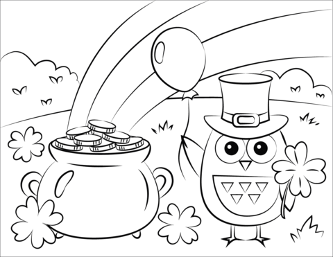 an owl with a pot of coins and a rainbow in the background coloring page