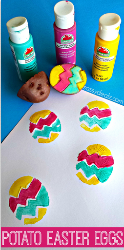 potatoes cut and used as easter egg shaped stamps on paper