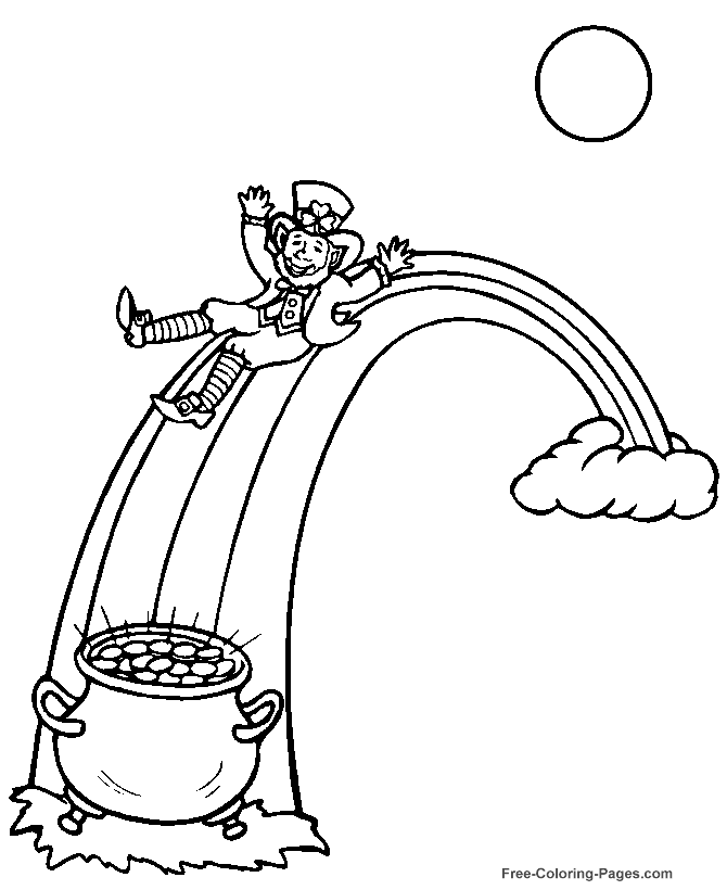 leprechaun sliding down rainbow into pot of gold coloring sheet