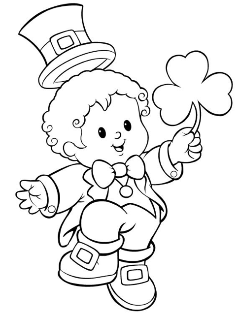 tiny child leprechaun holding a shamrock coloring page