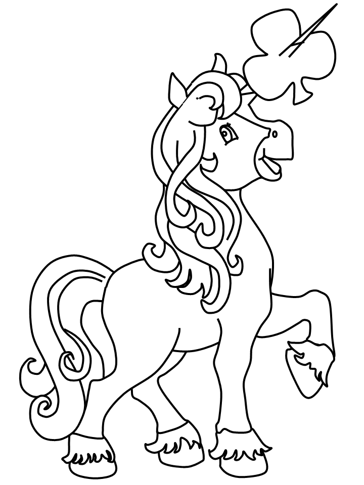 unicorn puncturing shamrock with horn printable coloring page