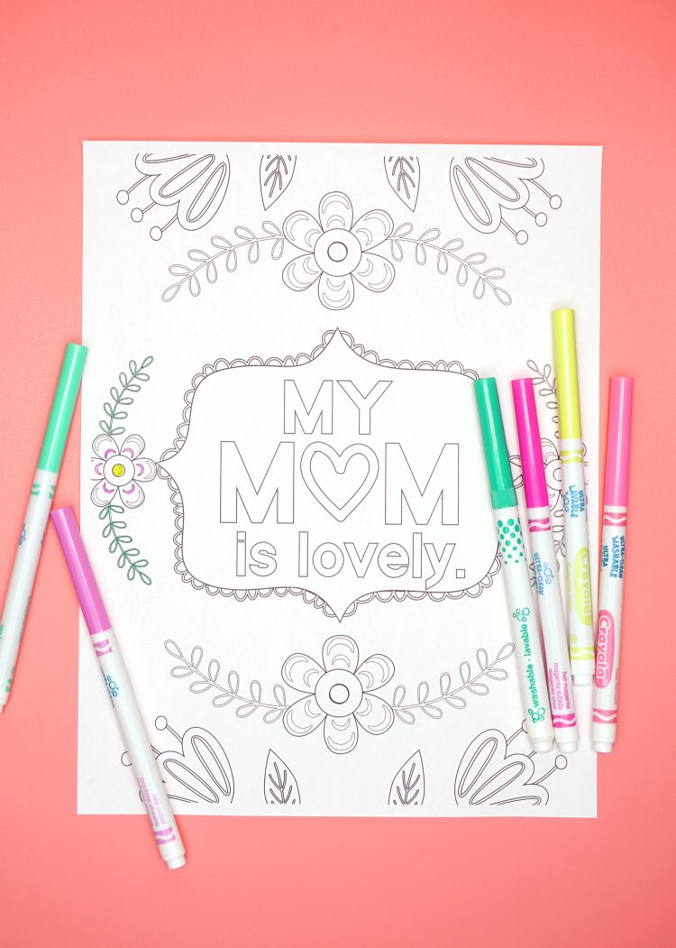 Printable coloring page that reads "My Mom Is Lovely" with coloring pens