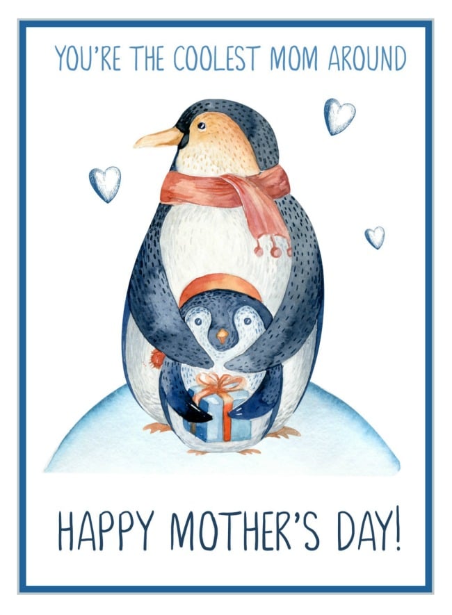 happy mothers day cute mom penguin with baby penguin card