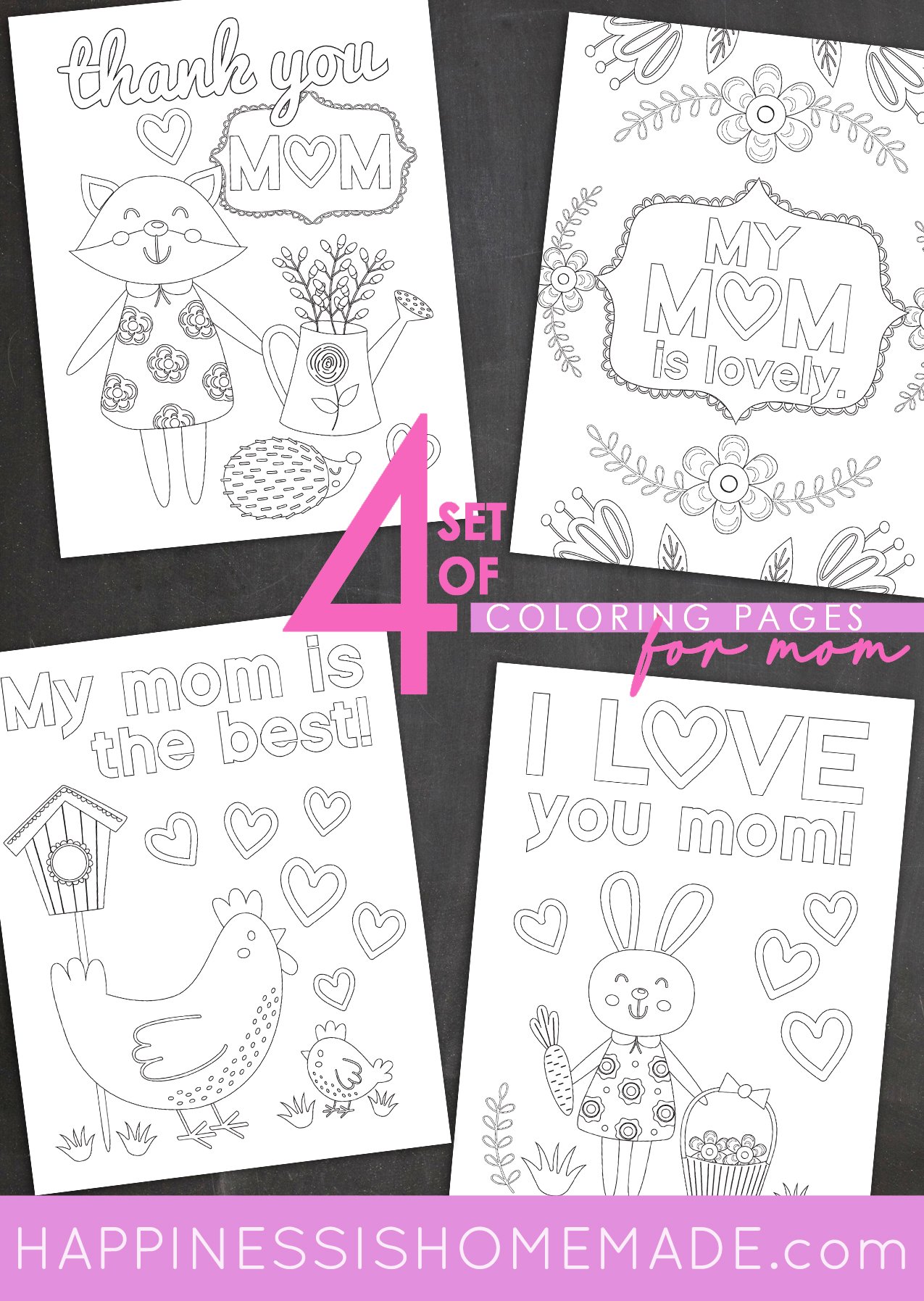 Set of 4 Coloring Pages for Mom pin graphic