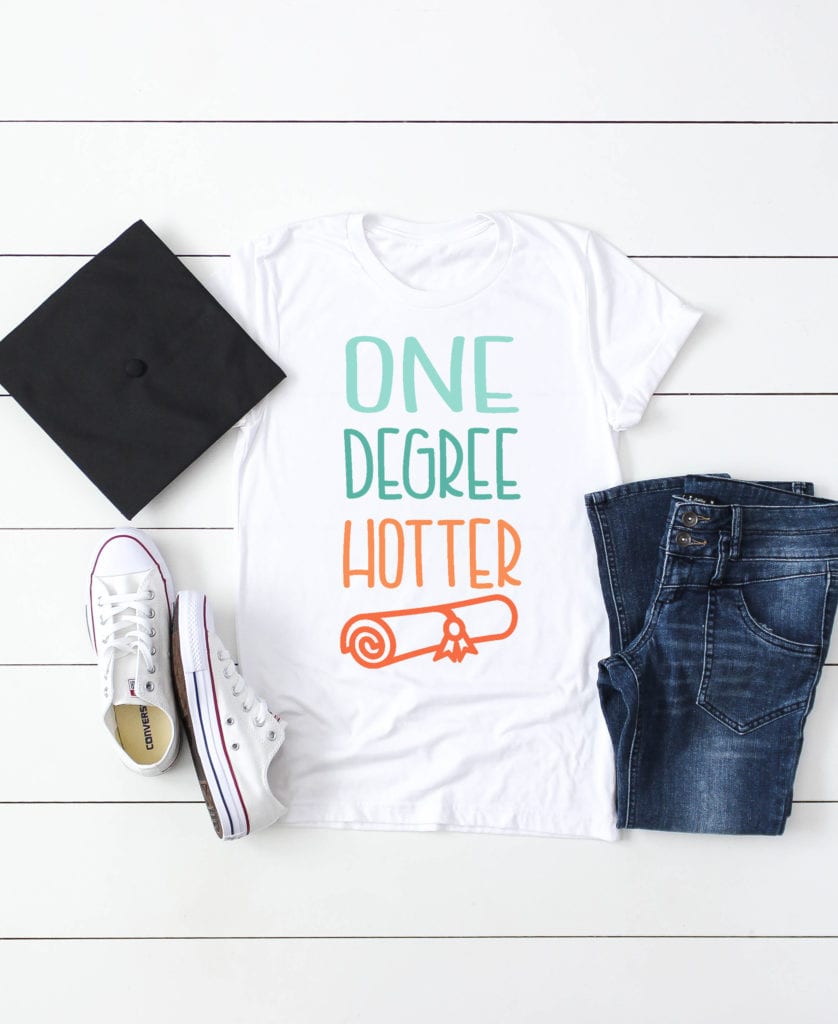 svg file one degree hotter on shirt styled with grad cap, shoes, jeans