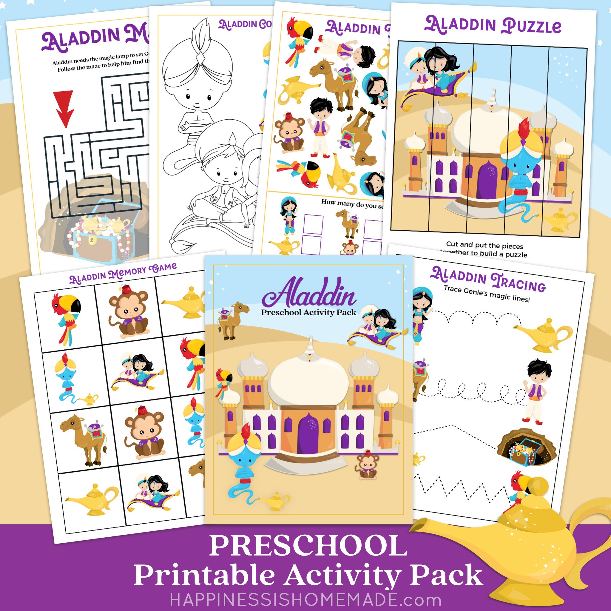 Six Aladdin themed printable preschool worksheets