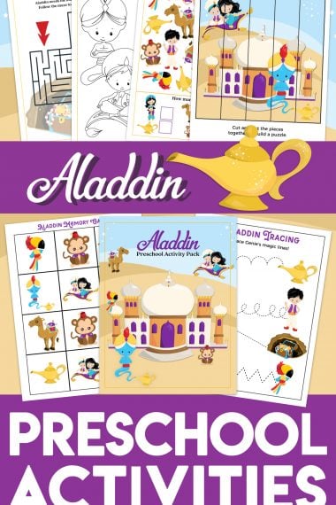 Free Aladdin-themed printable preschool worksheets for your little ones - coloring page, maze, I Spy, puzzle, memory game, and more! They'll love these fun Aladdin preschool printables! 