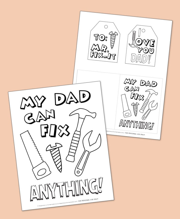 Two Father's Day coloring pages and cards isolated on a peach background