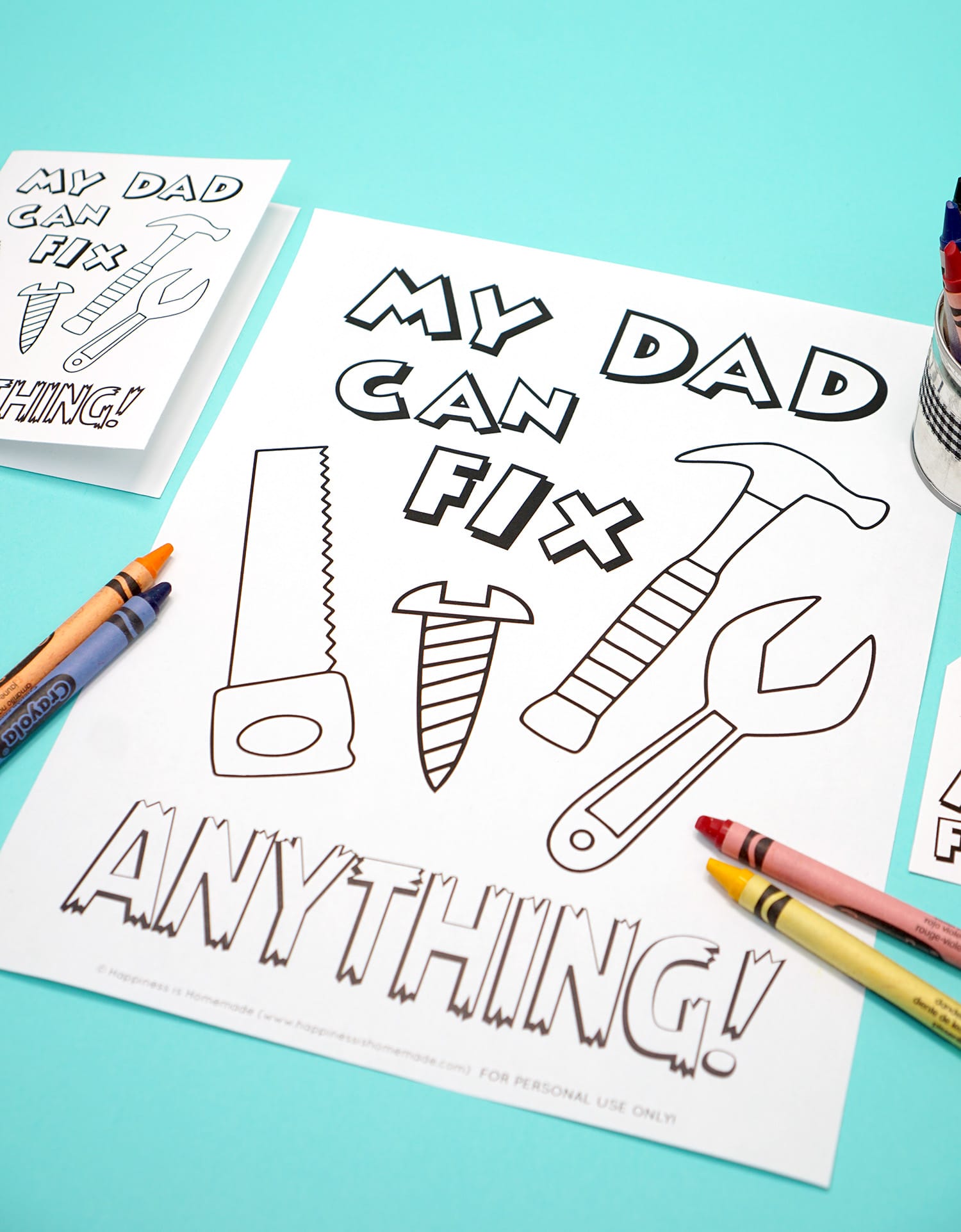 Printable Father's Day Card, Coloring Page, & Gift Tag Set - My Dad Can Fix Anything