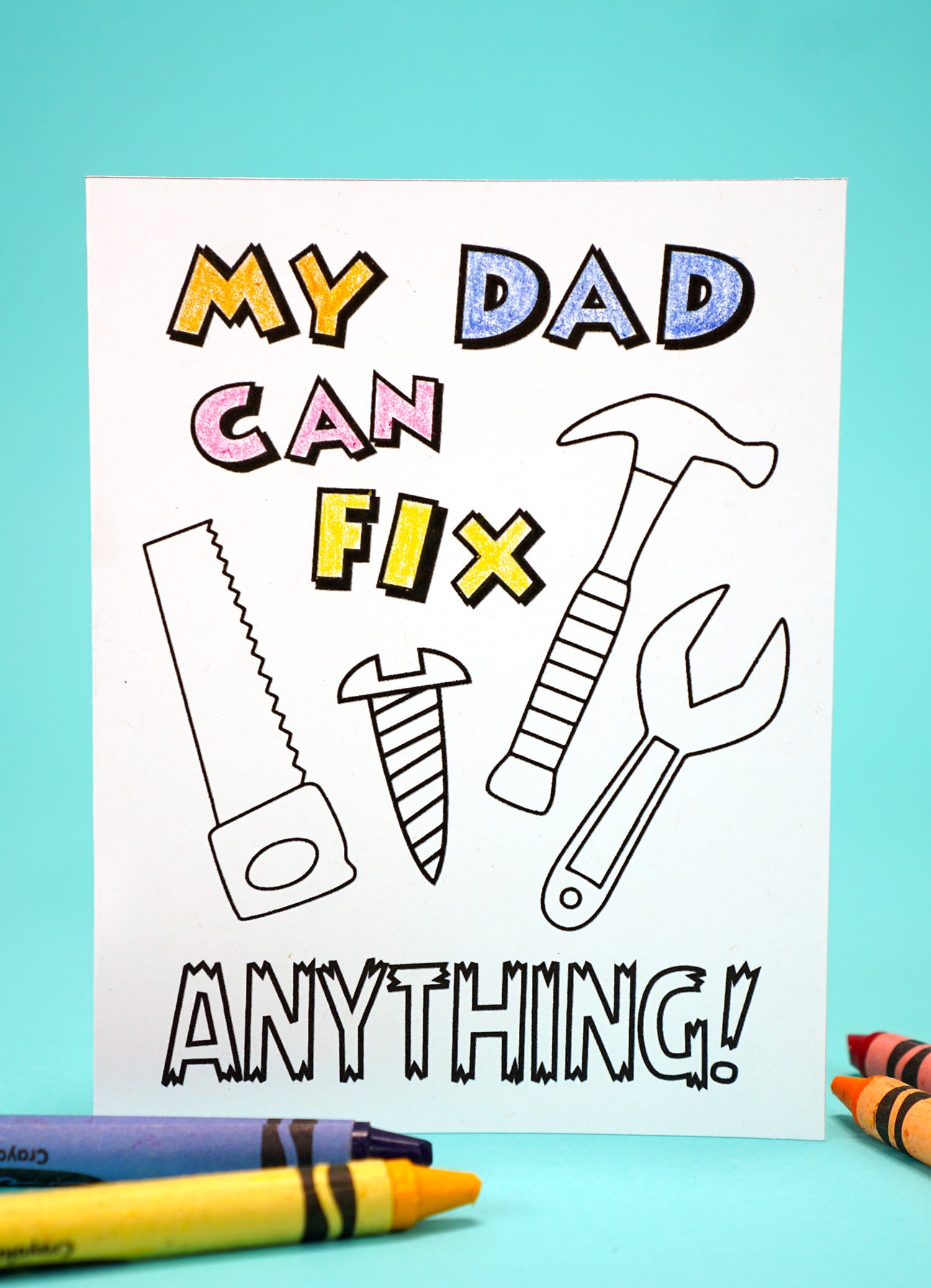 Printable Father's Day Card, Coloring Page, & Gift Tag Set Father's Day card with "My Dad Can Fix Anything" design