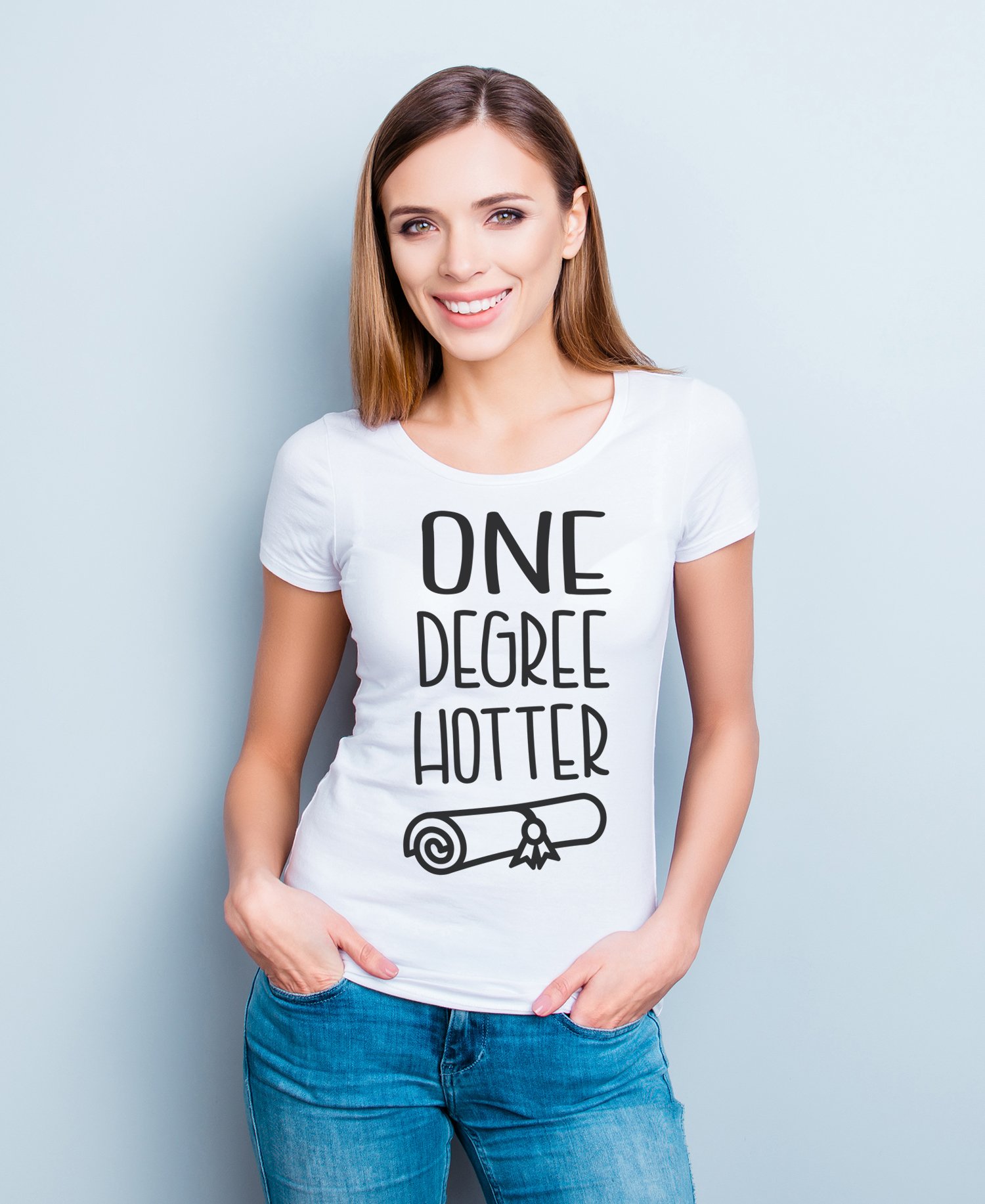 Girl in "One Degree Hotter" graduation t-shirt