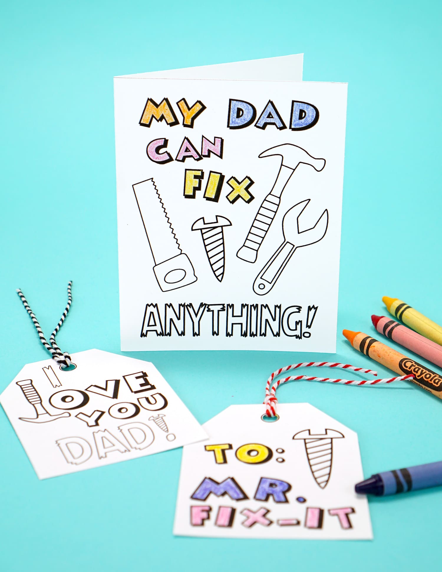 Free printable Father's Day card and coloring tags with crayons