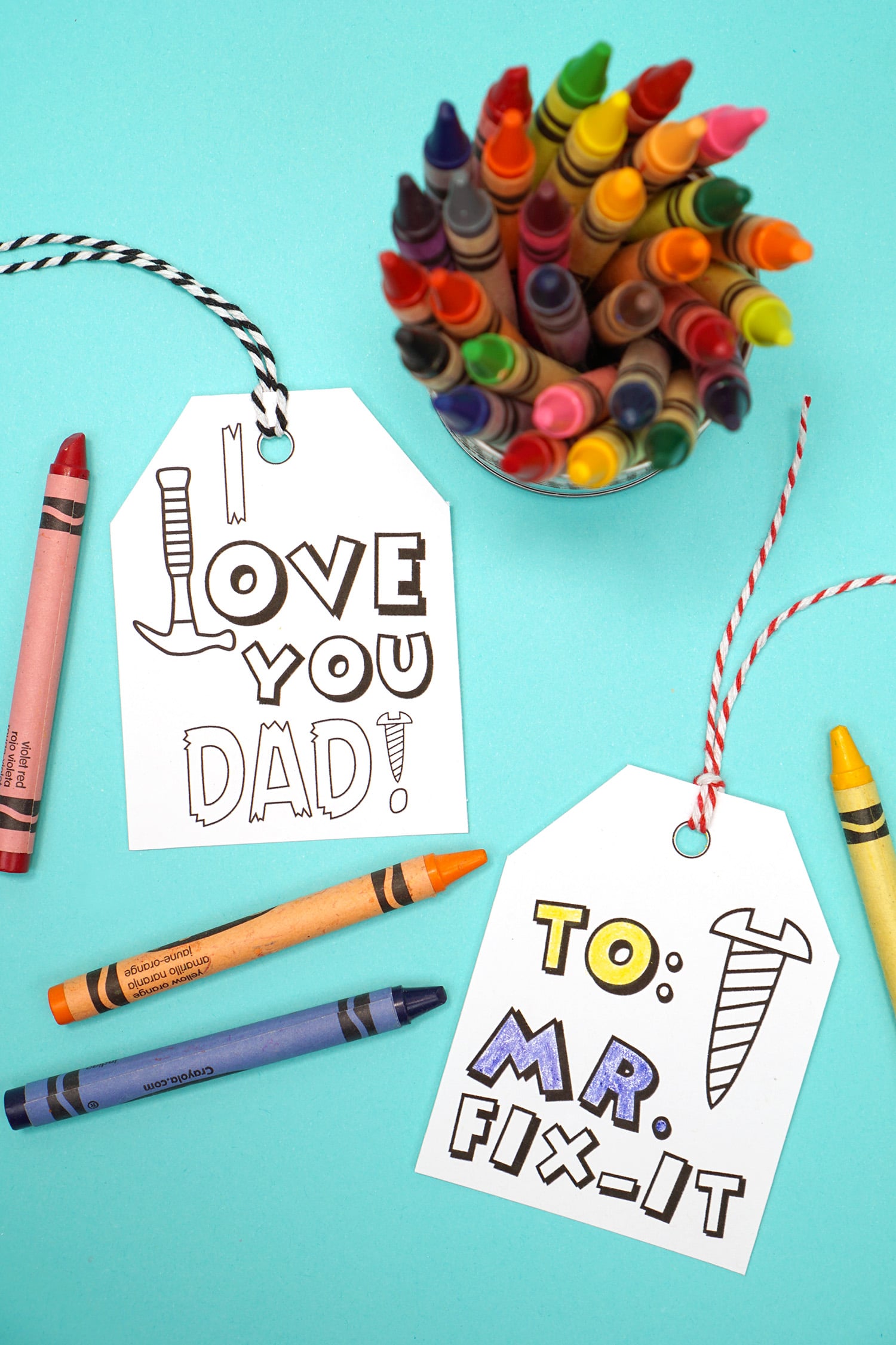 Printable Father's Day Card, Coloring Page, & Gift Tag Set Free printable Father's Day gift tags and crayons