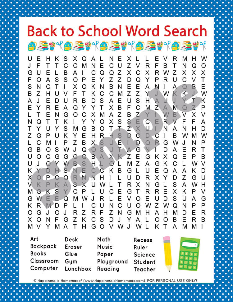 sample of back to school word search