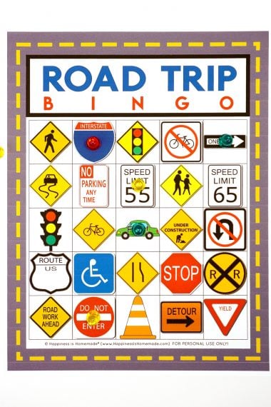 Road Trip Bingo printable game card on white background