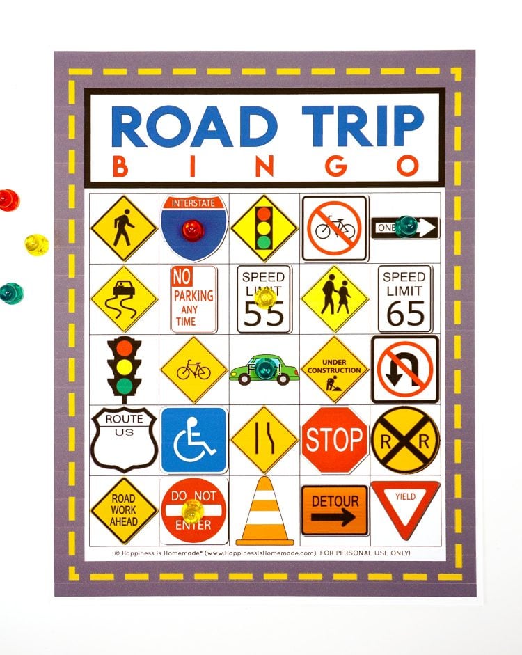 Road Trip Bingo printable game card on white background