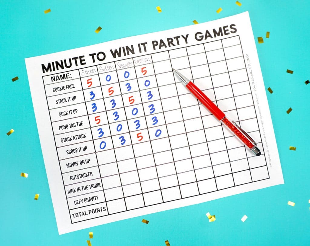 Minute to Win It score card printable on a blue background with red pen and confetti
