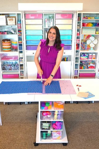 heidi cutting fabric infront of dreambox