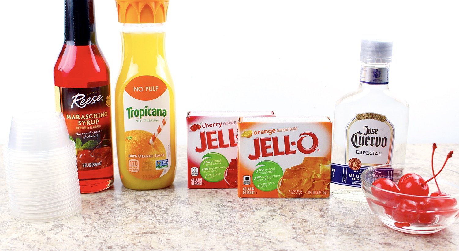 ingredients for making tequila sunrise jello shot recipe