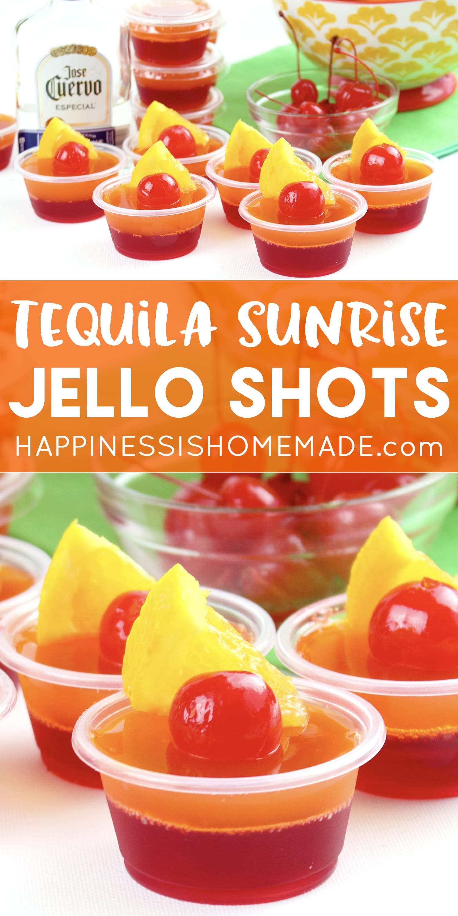 tequila sunrise Jello shots on white background with orange wedge and maraschino cherry garnish