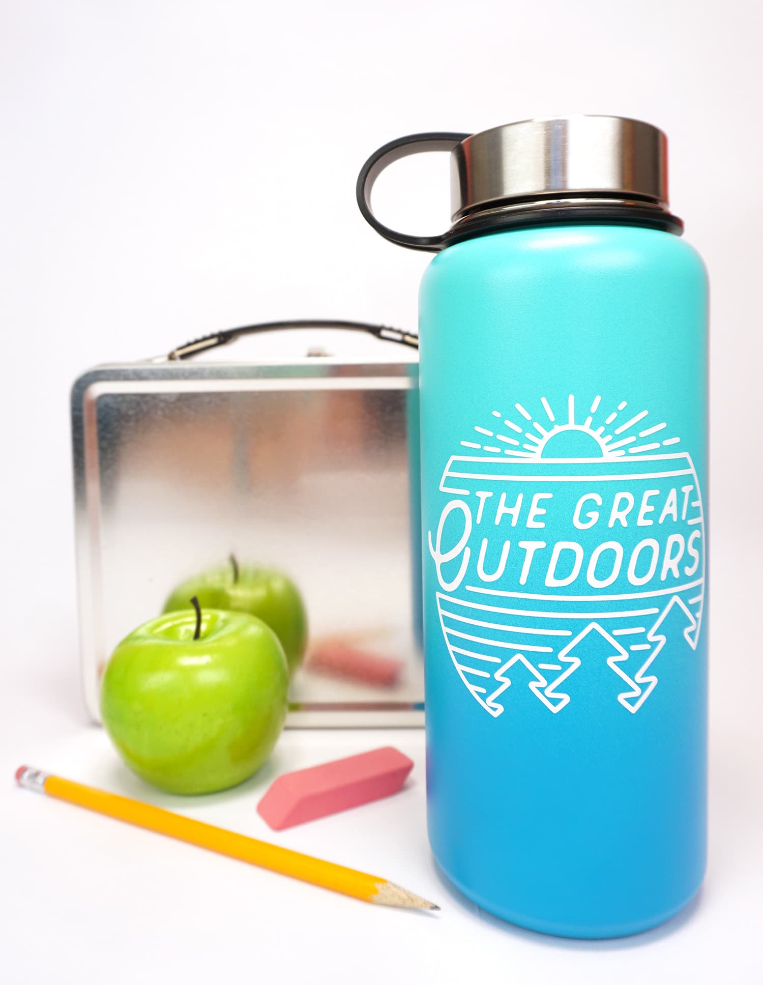 the great outdoors water bottle and lunch items