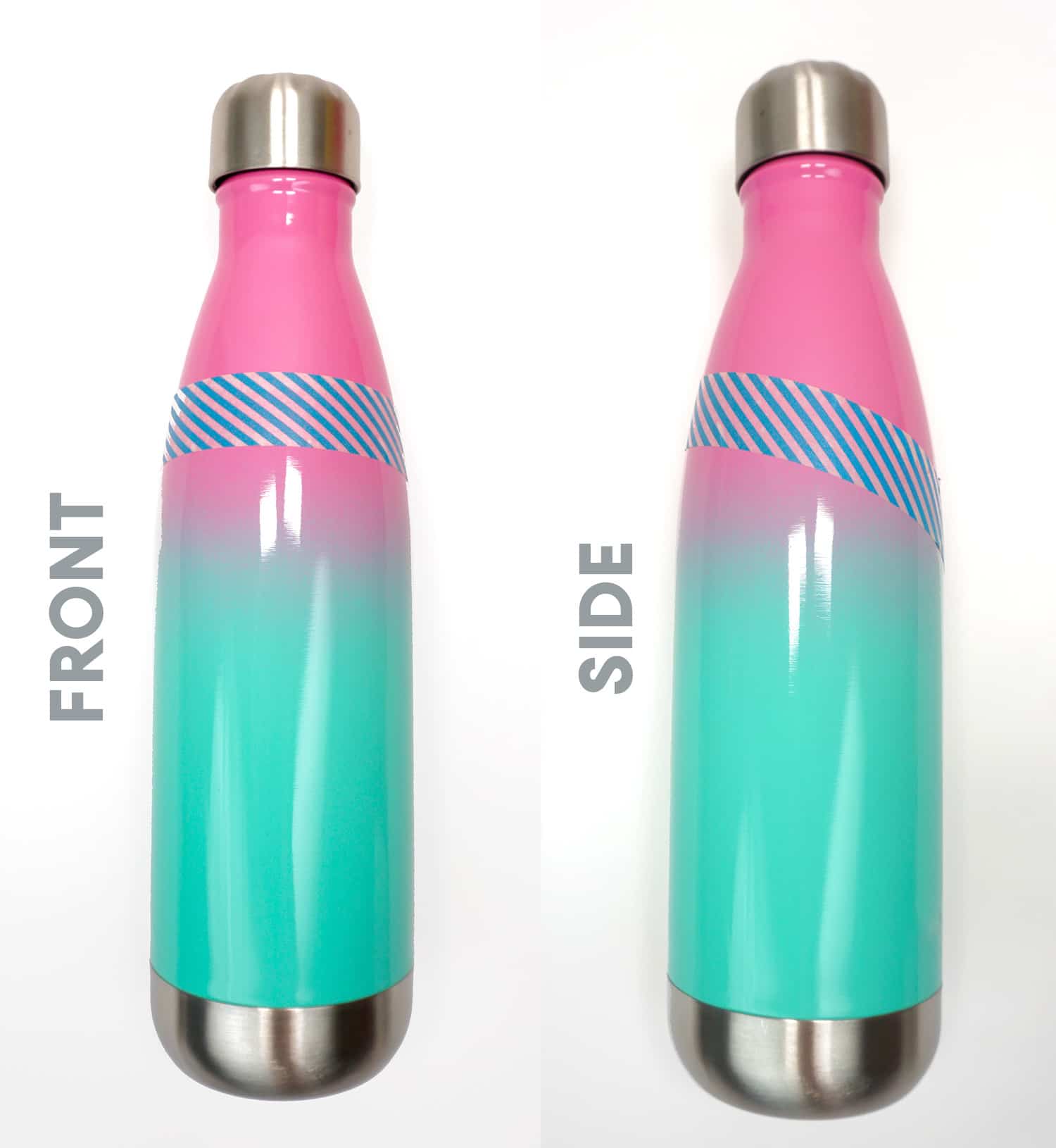 front and side views of the same water bottle