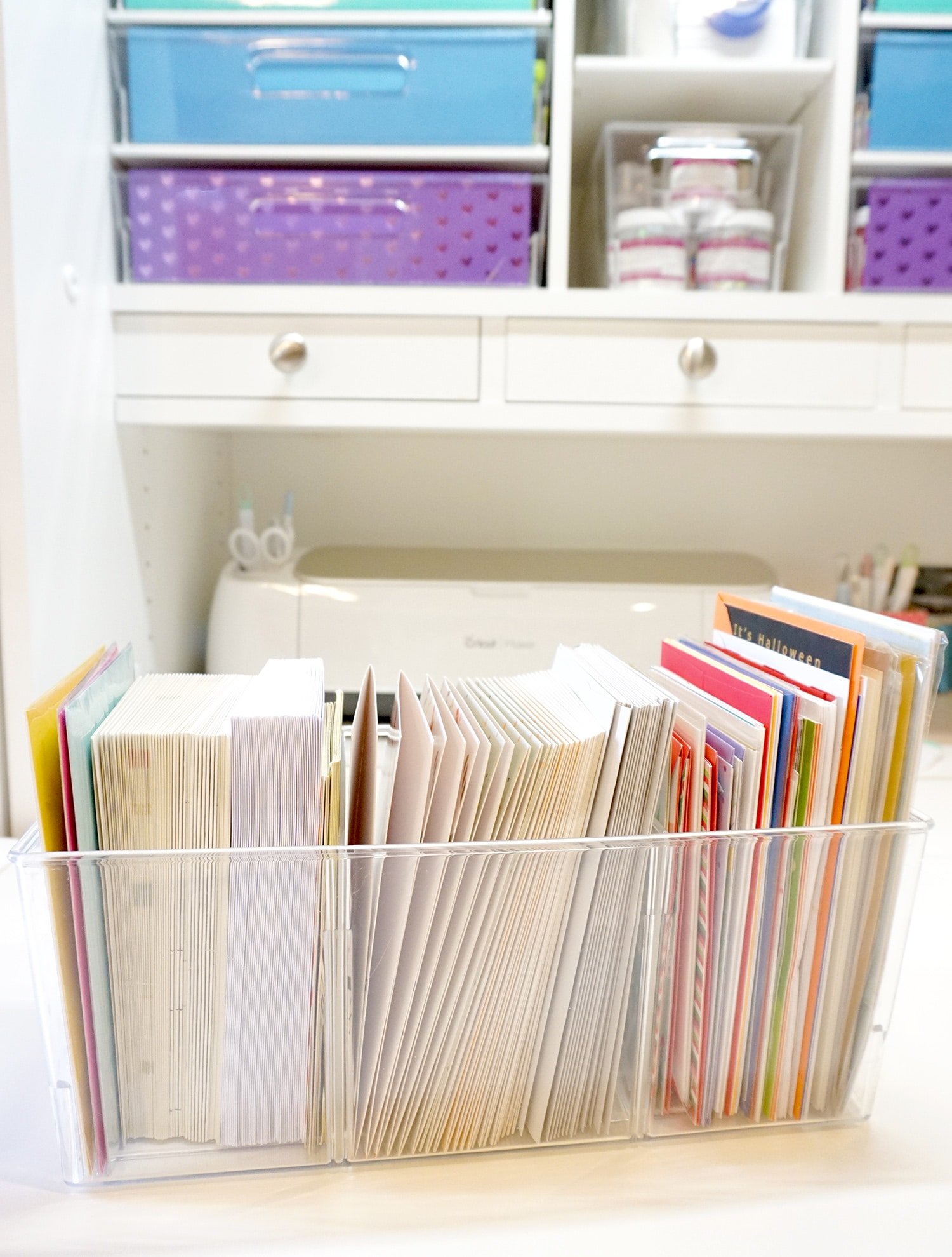 birthday cards in a dreambox bin organized