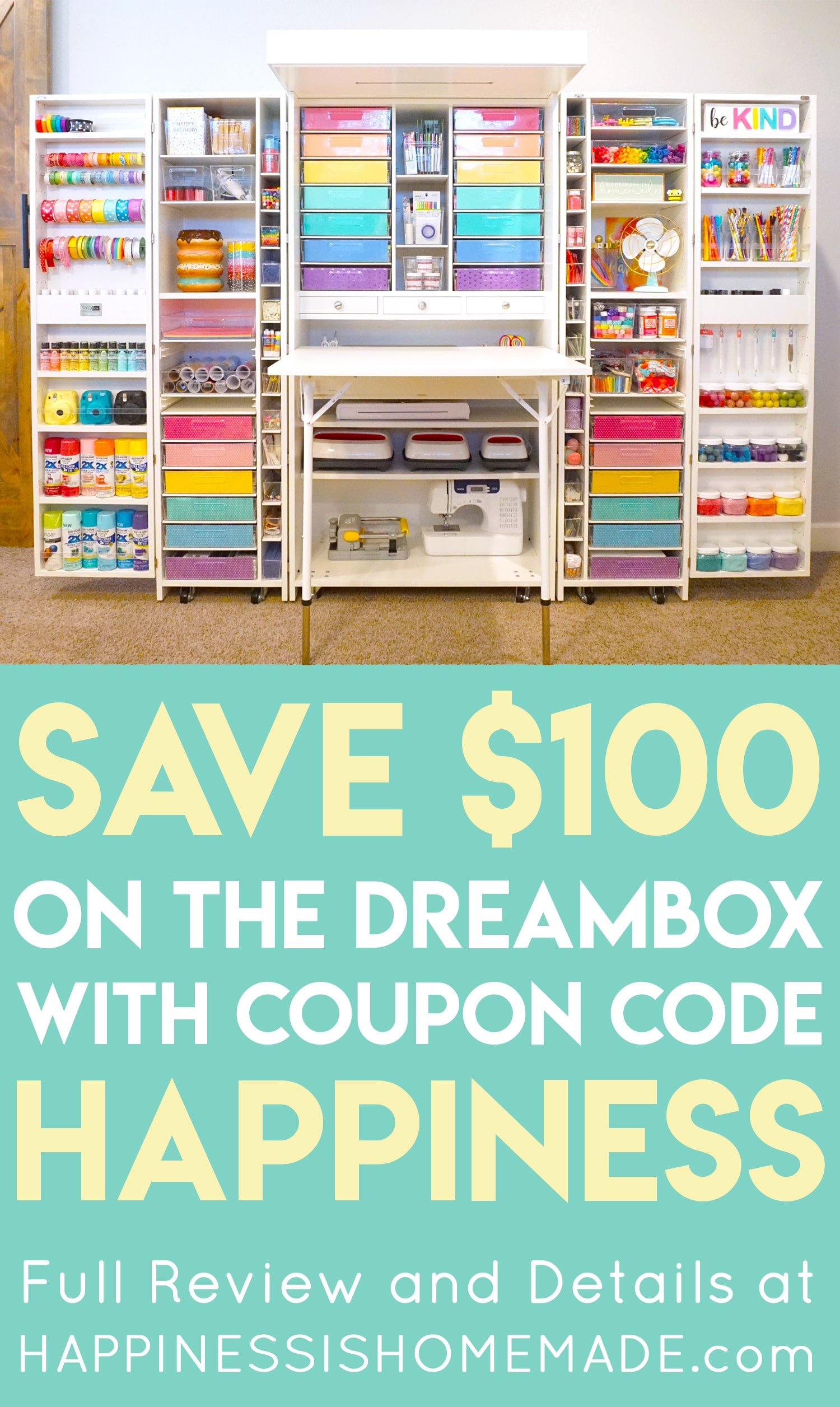 save $100 on the dreambox with coupon code happiness pin graphic