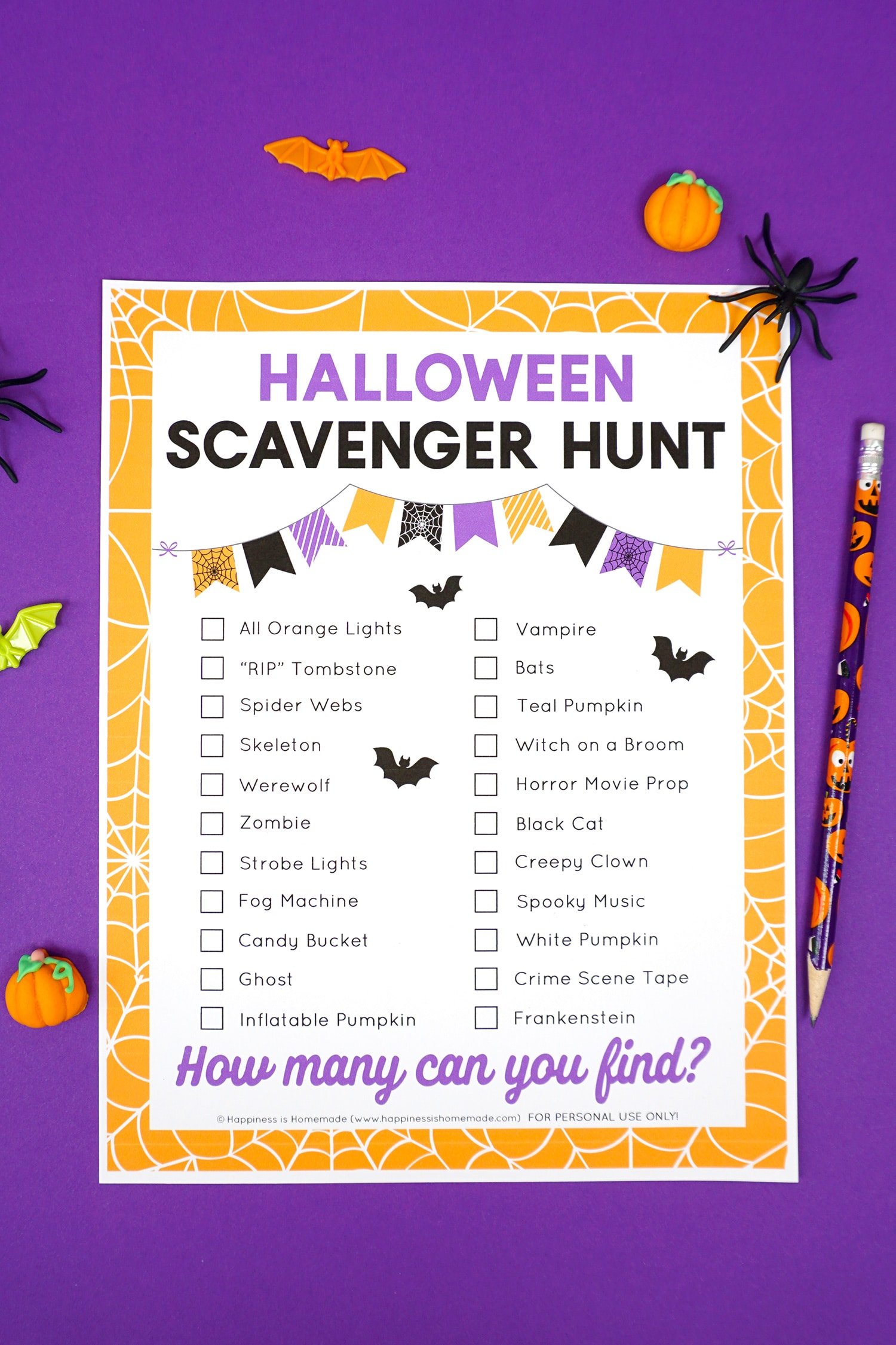 Halloween scavenger hunt printable on a purple background with Halloween pencil and novelty toys
